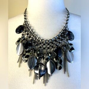 Chain Link Gunmetal Black and Silver Beaded Fringe Statement Necklace